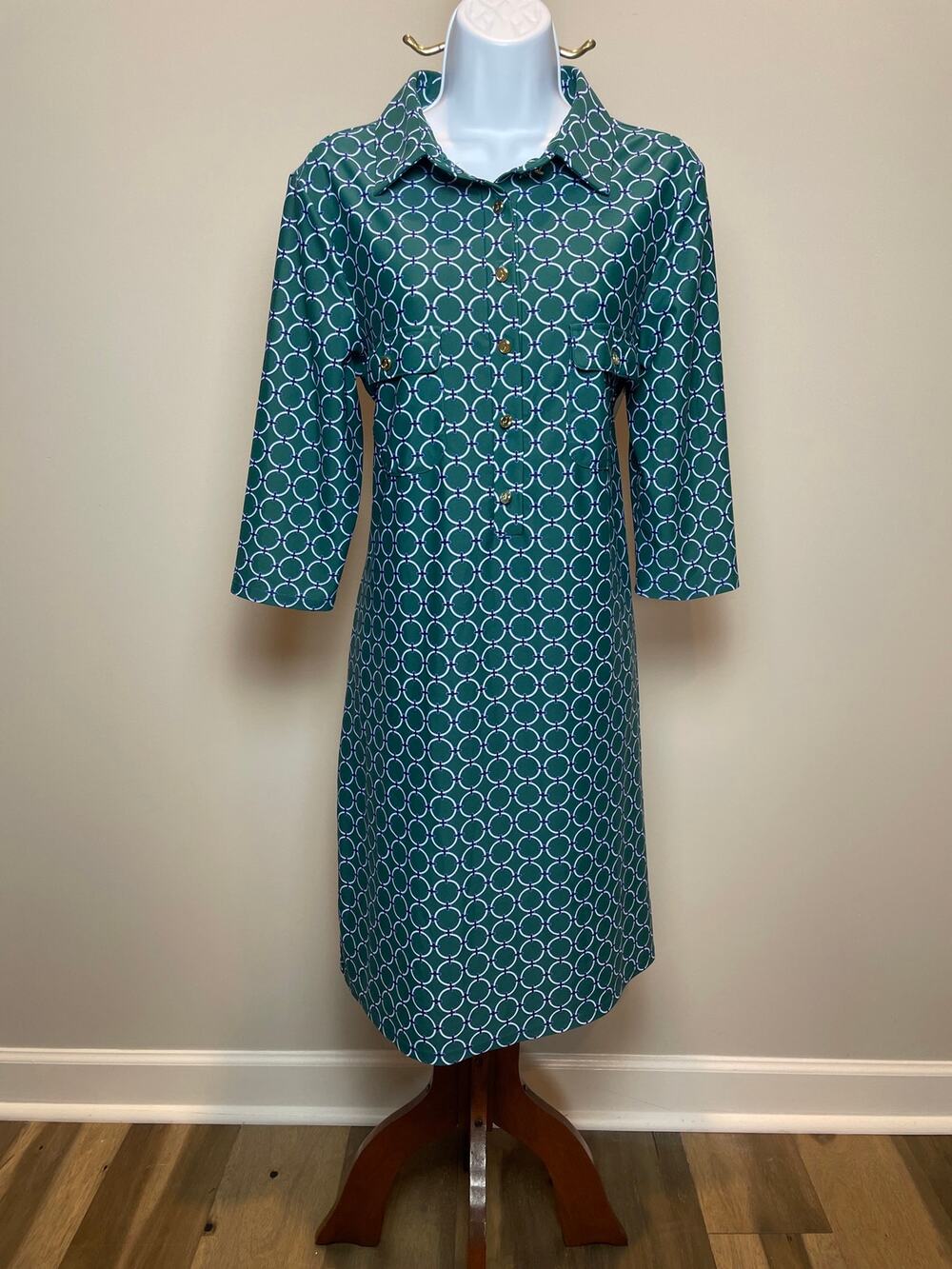 Jude Connally Dress Size XL Green Geometric Dress Gold Button Front Collared